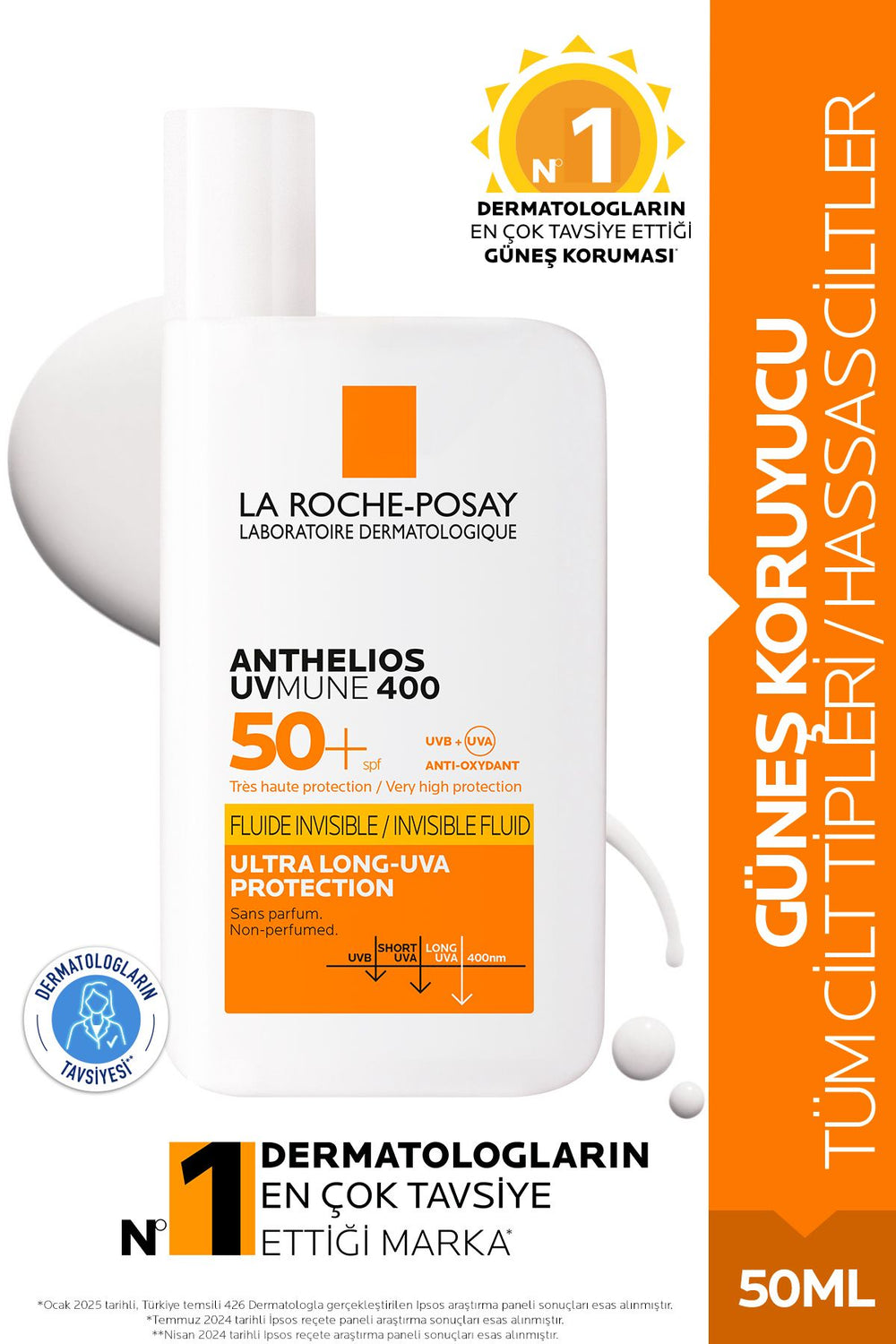La Roche Posay Anthelios Uvmune 400 Invisible Fluid Tüm Cilt Tipleri İçin Yüksek Koruma SPF50+ Yüz Güneş Kremi 50ML